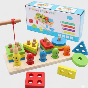 2 in 1 Wooden Stacking Toys with Magnetic Fishing Game | Montessori Shape Sorting Board for Toddlers 3+