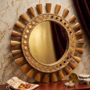 Handmade Wooden Sunburst Wall Mirror – Decorative Round Mirror for Living Room & Home Décor