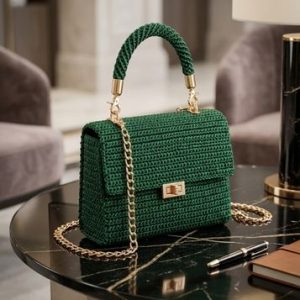 Luxury Handmade Crochet Shoulder Bag for Women Green Chain Strap Handbag