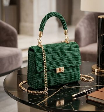 Luxury Handmade Crochet Shoulder Bag for Women Green Chain Strap Handbag