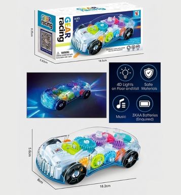 Transparent Gear Car Toy with Lights & Music - Bump & Go Electric Racing Car for Kids | 4D LED Light STEM Educational Toy for Ages 2+