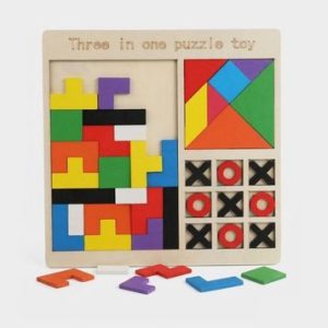 3 in 1 Wooden Puzzle Game Set - Tangram, Tetris & Tic Tac Toe | Montessori STEM Educational Jigsaw Block Toy for Kids
