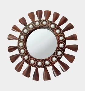 Brown Handmade Sunburst Wooden Round Bamboo Wall Mirror 18 Inch