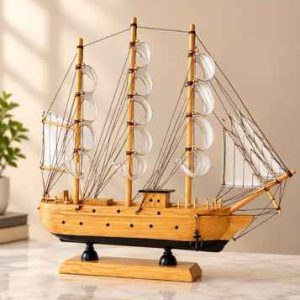 Vintage Wooden Sailboat Showpiece – Blue Nautical Ship Model & Coastal Home Decor