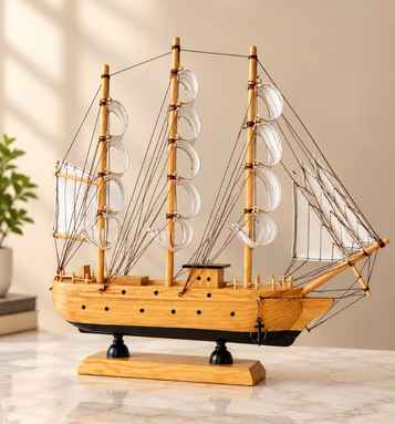 Vintage Wooden Sailboat Showpiece – Blue Nautical Ship Model & Coastal Home Decor
